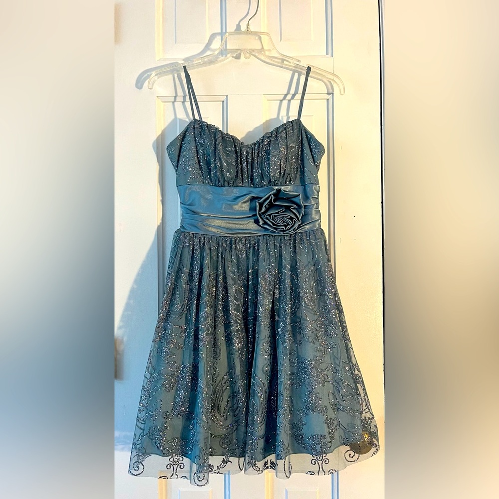 B. Smart Teal Blue Glitter A-Line Prom Dress with Rosette